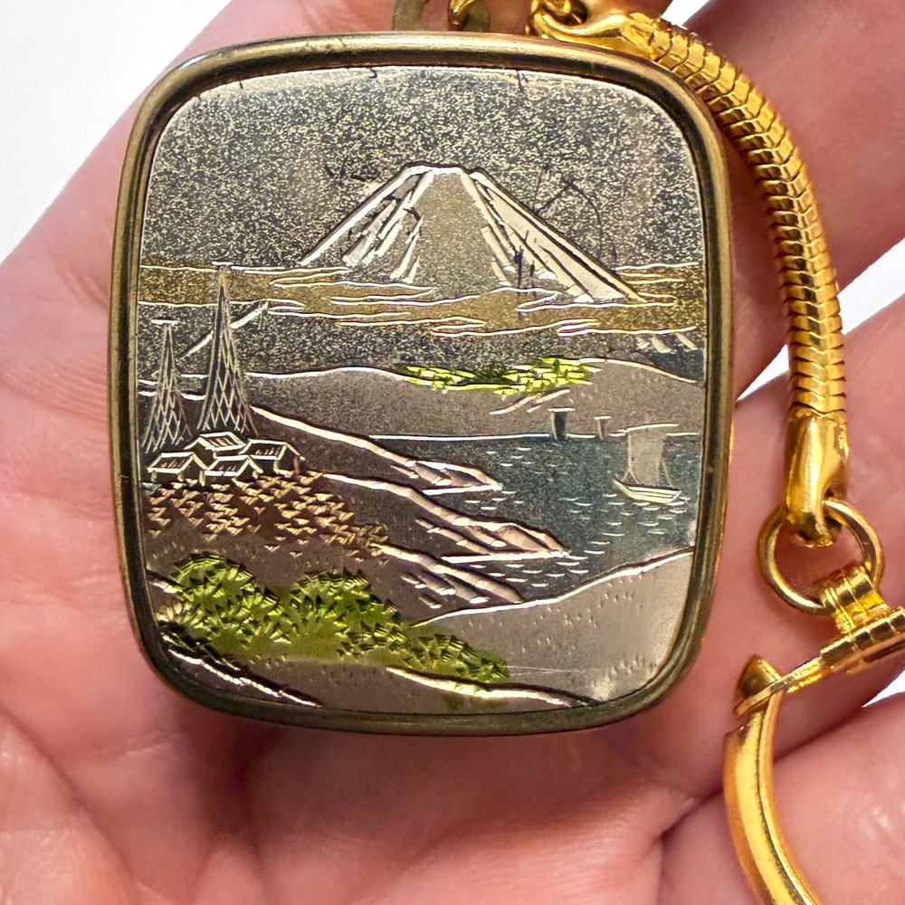 Vintage Landscape Music Box Keychain WORKS! Mt Fuji Gold Silver Tone Japanese